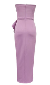 OFF-SHOULDER HIGH SPLIT RUFFLE MIDI DRESS